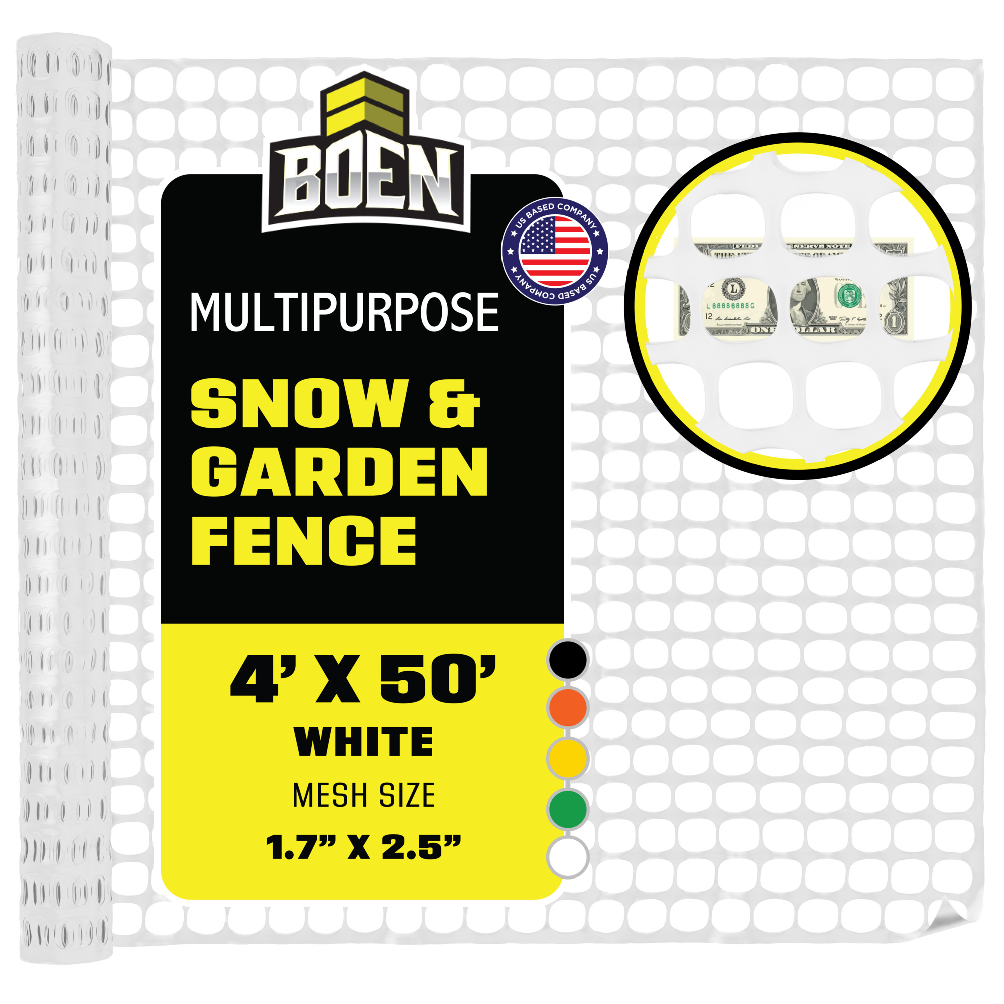 Boen White Temporary Fencing 4 ft x 50 ft, Mesh Snow Fence, Plastic, Safety Garden Netting, Above Ground Barrier, for Deer, Kids, Swimming Pool, Silt, Lawn, Rabbits, Poultry, Dogs, Construction